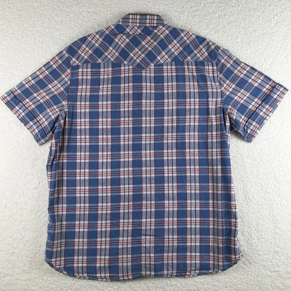 True Religion Shirt Mens 2XL Blue Plaid Short Sleeve Western Snap Casual